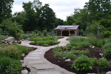 Winding through lush garden walkways, one is greeted by a charming rustic wooden structure that sits peacefully amidst vibrant greenery in a serene outdoor environment