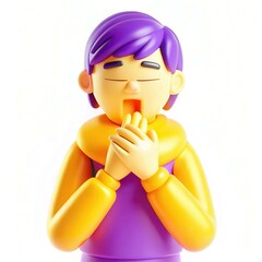 A cartoon character with purple hair yawning while wearing a colorful outfit, expressing a relaxed mood.