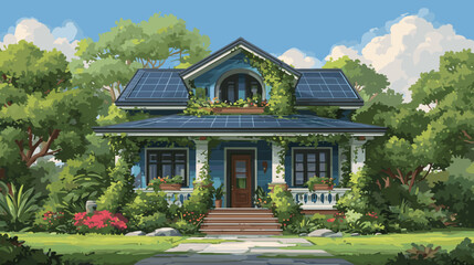 Eco friendly sustainable house with rooftop solar panels and vertical garden flat minimal 