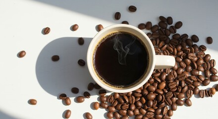 Cup of Hot Black Coffee with Roasted Coffee Beans on White Background