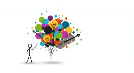 Stickman Conducting Idea Balloons Orchestra Depicting Strategic Leadership on White Background