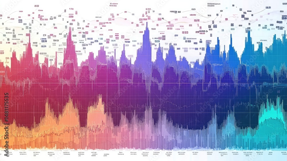 Poster data visualization of long-term economic trends using smooth graph lines and real-world metrics