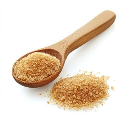 Realistic wooden spoon filled with brown sugar, with additional granulated sugar spilled beside it, natural sweetener for cooking and baking, isolated on white background