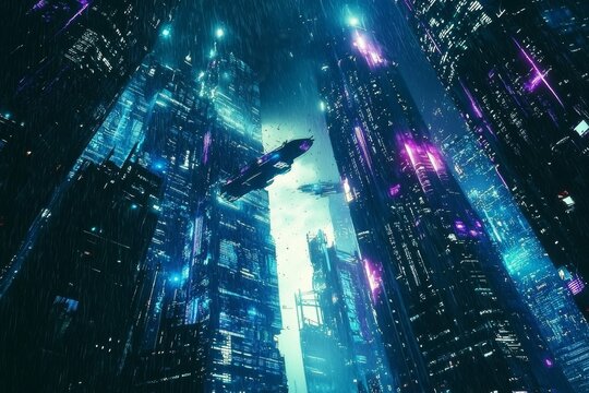 Aesthetic Aerial Perspective of a Cyberpunk Cityscape