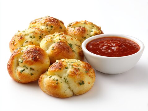 Garlic knots with marinara sauce isolated on white background. use cases: appetizer, snack.