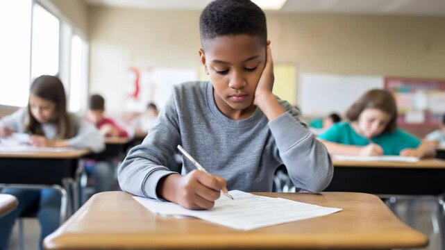 schoolboy sitting at at a classroom desk, concentrated taking a test