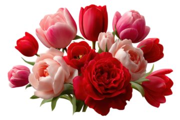Blooming Bouquet: A lush floral arrangement, brimming with roses and tulips in a symphony of vibrant red and soft pink hues, offers a visual feast of color and texture.