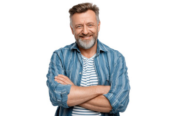 Smiling Man with Arms Crossed: An older man with a silver beard wearing a striped shirt and denim jacket crosses his arms in a portrait, radiating contentment and confidence.