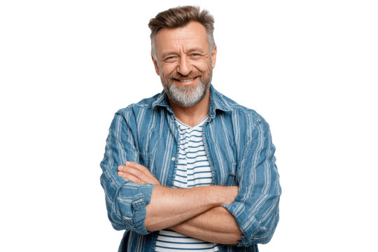 Smiling Man with Arms Crossed: An older man with a silver beard wearing a striped shirt and denim jacket crosses his arms in a portrait, radiating contentment and confidence.