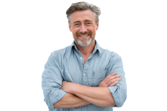 Confident and Approachable: A mature man with a warm smile and salt-and-pepper beard exudes confidence as he stands with his arms crossed, showcasing a friendly and approachable demeanor.