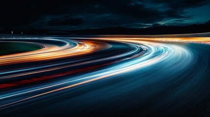 Dramatic view of a race track's curve at night with glowing light trails suggesting speed and motion.