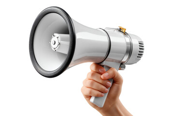 Loud and Clear: A white megaphone held firmly in a hand, ready to amplify a message and make a bold statement.  This image embodies power, communication, and authority.