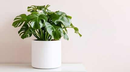 A lush green plant with large, textured leaves sits in a white pot on a white shelf against a light pink wall