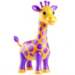 A colorful toy giraffe with purple spots and a cheerful expression against a white background.