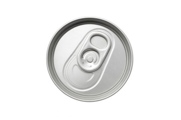 Close-up of metallic beverage can lid with pull-tab, isolated on transparent background