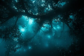 Twisting jungle vines embedded subtle bioluminescence glowing in a foggy night rainforest surreal tropical atmosphere
