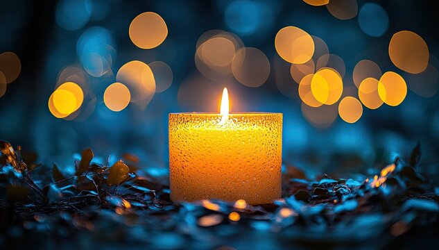 Burning candle in the night. Soft glow