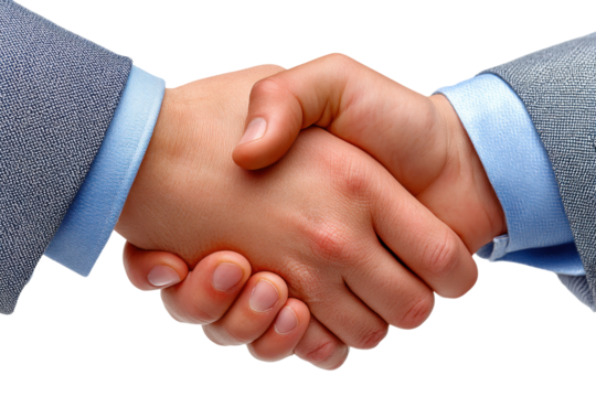 Handshake of Agreement: A close-up shot of two hands clasped in a firm handshake, symbolizing trust, partnership, and a successful business agreement.