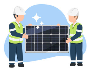 Two engineers in safety uniforms inspecting and selecting a clean  high efficiency solar panel before rooftop installation for a renewable energy project cartoon