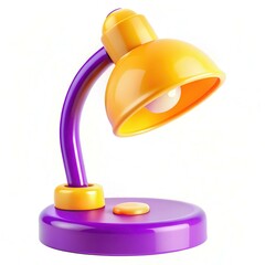 A colorful modern desk lamp with a curved purple arm and yellow shade.