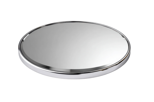 Mirror: A high-angle shot of a round mirror with a metallic frame reflects light, creating an elegant and modern look, perfect for beauty and design concepts.