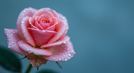 Pink rose blossom representing beauty and freshness with water droplets on petals