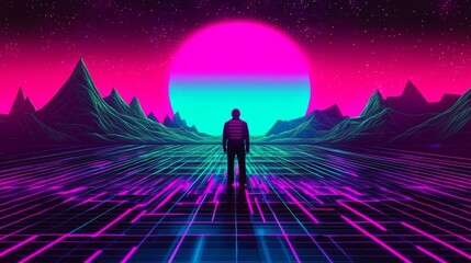 Fototapeta premium Futuristic geometric landscape creates a synthwave vibe.