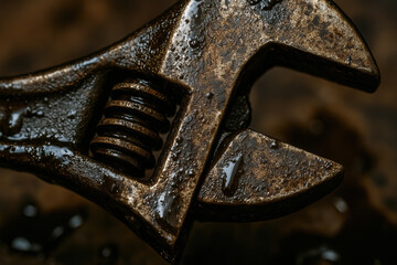 Rusty adjustable wrench covered in oil drops used for maintenance service in gas and oil industry working environment