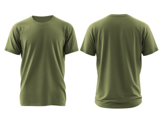 Olive Green T-Shirt Mockup with Front and Back Visible on Transparent Background