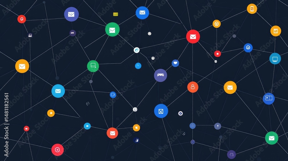 Poster graphic showing envelope icons with digital data lines representing email distribution network