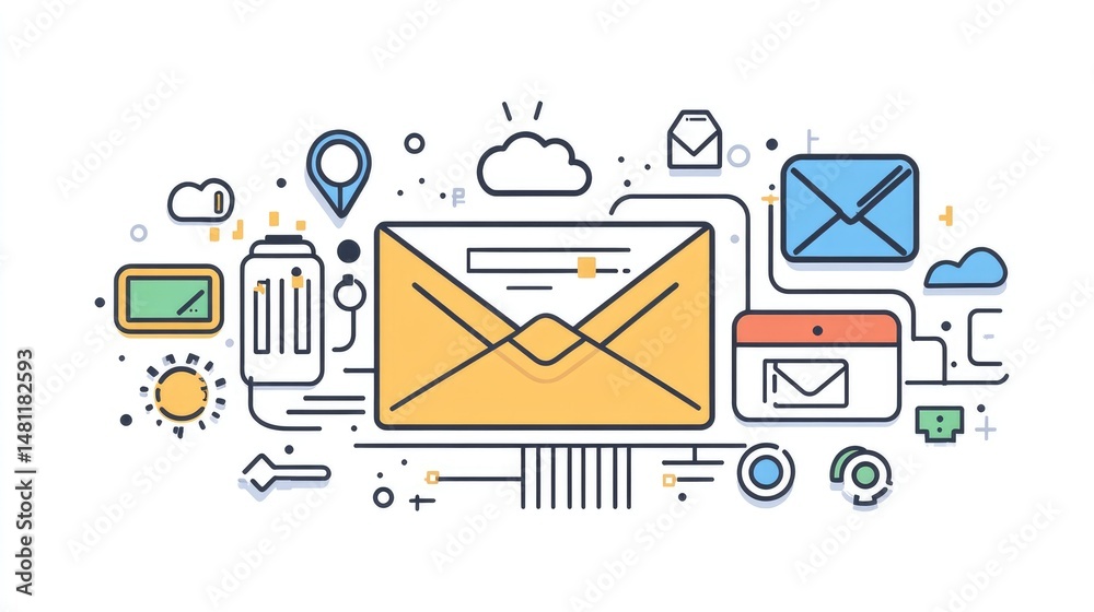 Poster graphic showing envelope icons with digital data lines representing email distribution network