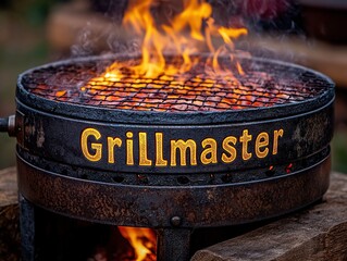 Kettle Grill with “Grillmaster” Formed in Smoke – Retro Font, Checkered Cloth Accent, and Golden Hour Backyard Glow