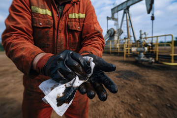 Fototapeta premium Worker in oil and gas industry performs maintenance service by cleaning oil covered gloves at outdoor drilling site