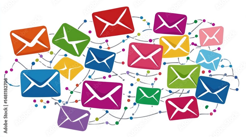 Poster graphic showing envelope icons with digital data lines representing email distribution network
