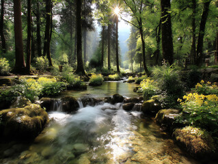 Obraz premium stylized photograph with long exposure capturing the silky smooth flow of water over a series of small falls, creating a dreamy effect,