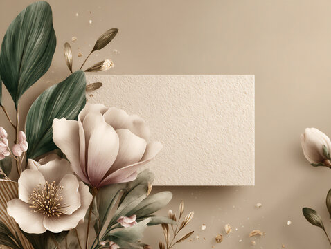 bright studio photograph of a blank white rectangular frame decorated with sturdy cardstock paper flowers in earthy tones and stiff green paper leaves in a corner arrange