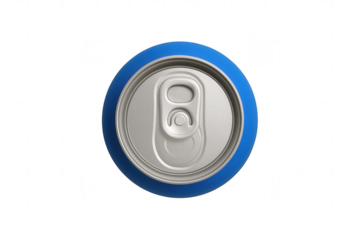 Close-up of silver beverage can lid with blue ring on transparent background
