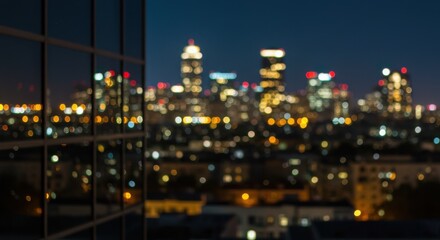 Cityscape at night urban dreamscape with blurred lights and window reflection