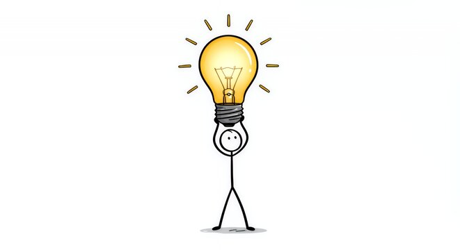 Stickman Holding Glowing Lightbulb Representing Innovative Ideas Against Clean White Backdrop Symbolizing Business Motivation