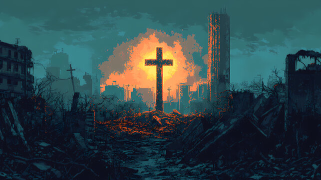 Pixel art glowing cross on ashen surface, symbolic illumination. [Steamspire Wastes] | Ashen Cross | coal ruin. Illustration
