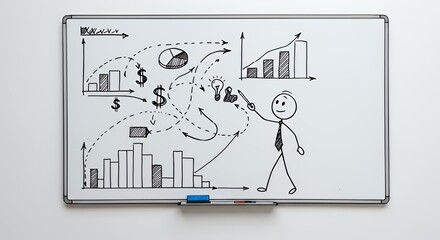 Stickman Illustrating Strategic Business Planning Charting Course on Whiteboard