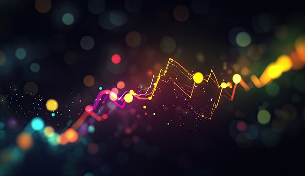Abstract data visualization with glowing lines and particles.  Dynamic, energetic, and vibrant graphical representation of data trends