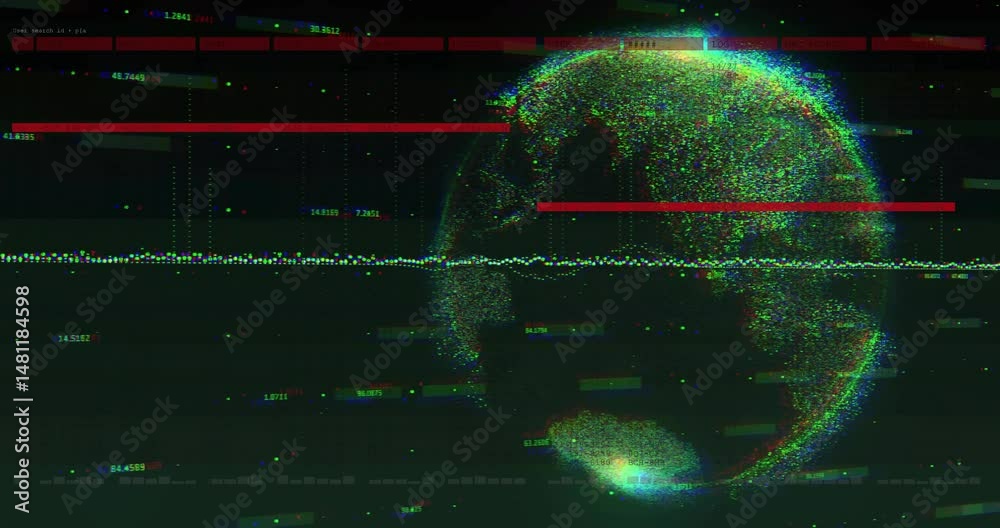 Poster data-driven globe being visualized in 3d render with streaming lines, glowing dots, floating labels