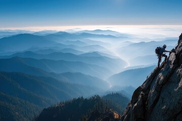Silhouette of a climber triumphantly reaching the summit of a majestic mountain landscape