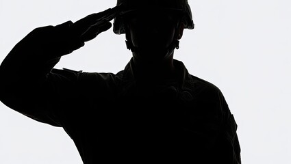 Silhouette of a military soldier saluting with helmet and uniform on a white background