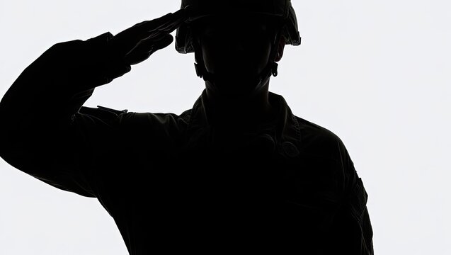 Silhouette of a military soldier saluting with helmet and uniform on a white background