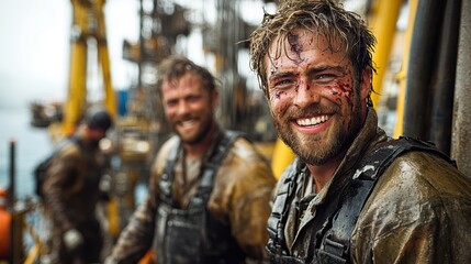 Fototapeta premium Smiling oil rig workers with muddy faces and safety gear on offshore platform