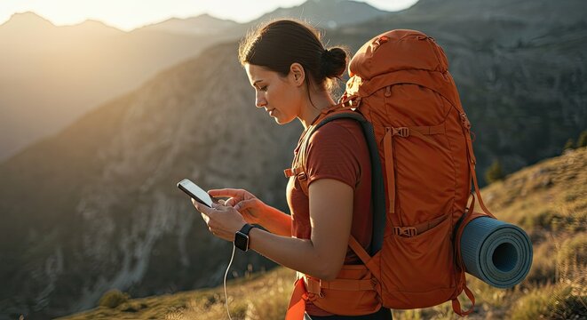 Adventurous woman hiking, using phone
