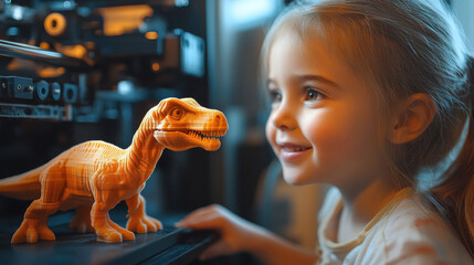 Young girl, child fascinated by 3d printed dinosaur model in technology workshop