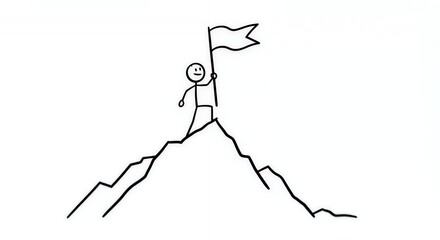 Stickman Planting Flag on Mountain Peak Symbolizing Business Victory on White Background